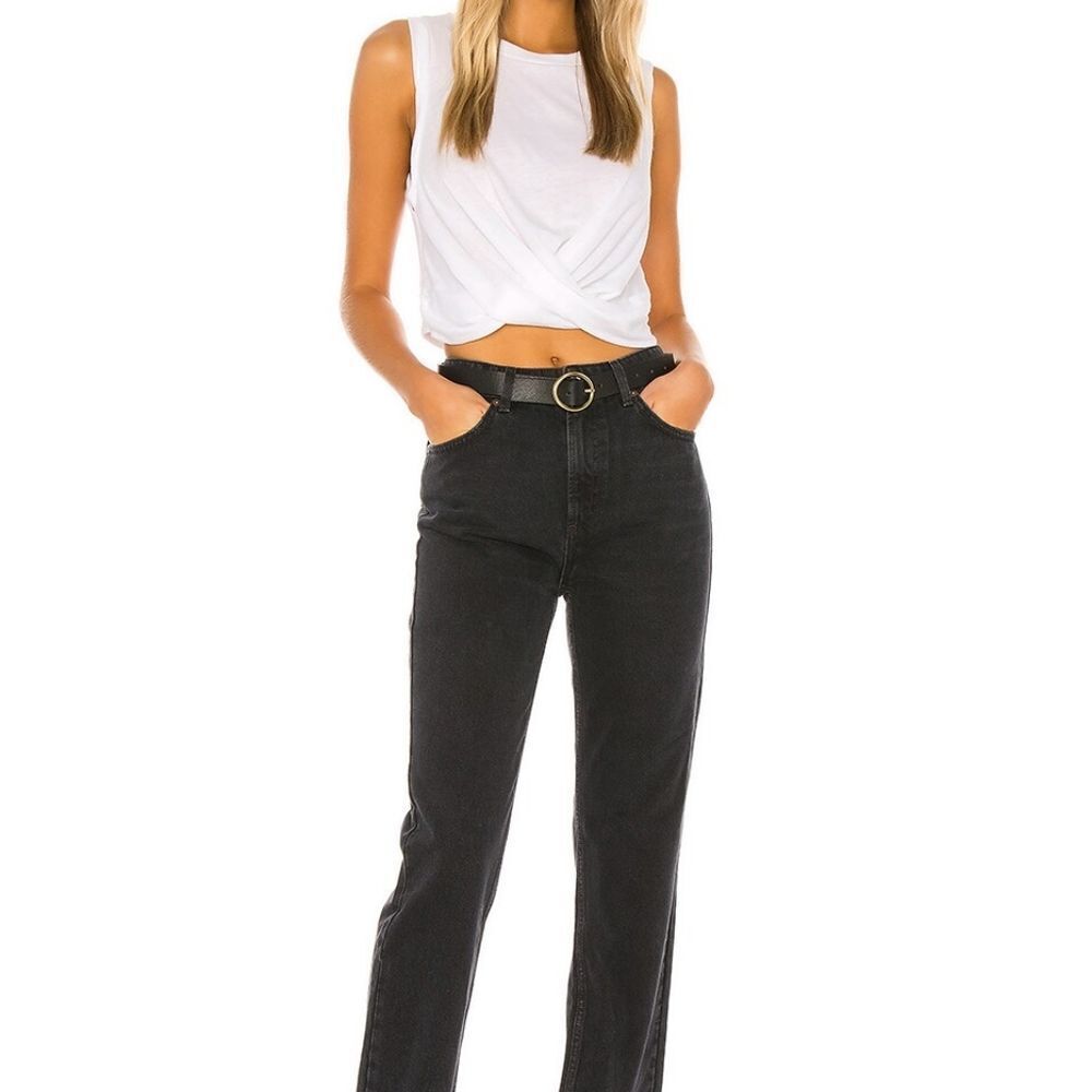 Free People Dakota Straight Leg Destructed Hem High Rise Pitch Black Denim Jeans - Picture 6 of 9